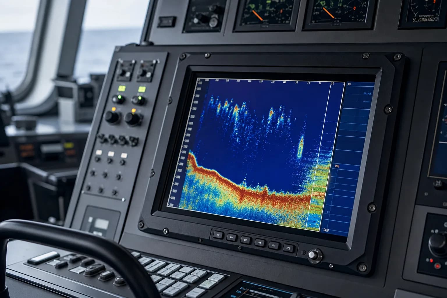 Sonar equipment display on a marine vessel console