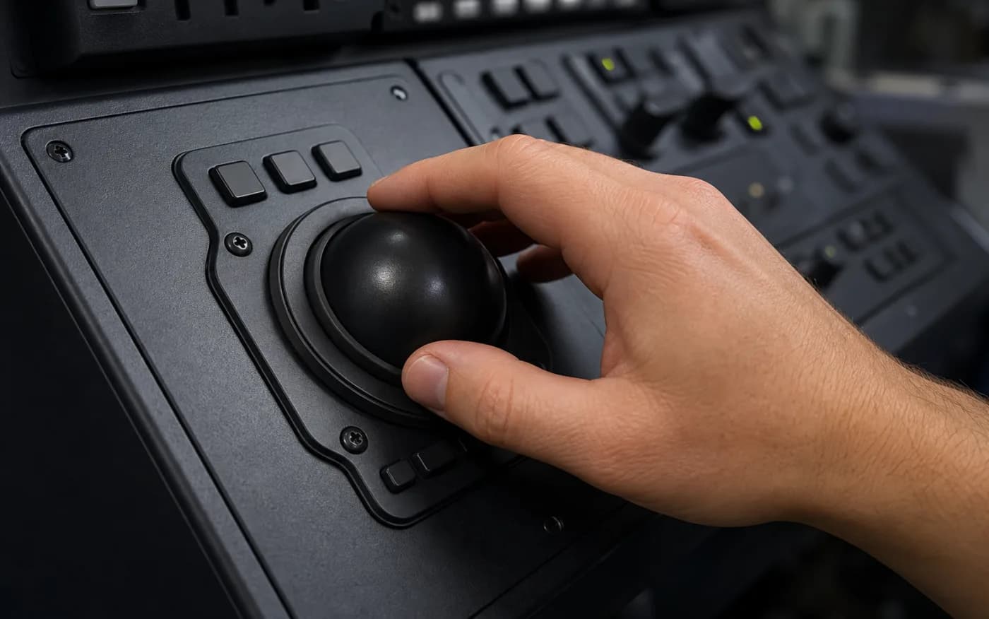 Hand operating a rugged military trackball control
